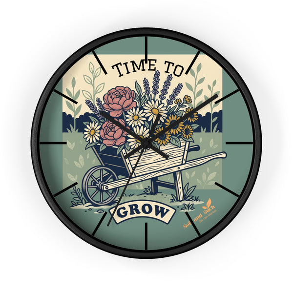 Time to Grow Wall Clock — Floral Wheelbarrow Garden Decor