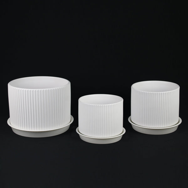 3-Piece White Stoneware Planter Pot Set with Ribbed Texture