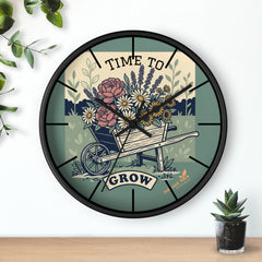Time to Grow Wall Clock — Floral Wheelbarrow Garden Decor