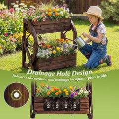 2-tier Raised Garden Bed Rustic Wood Wagon Planter