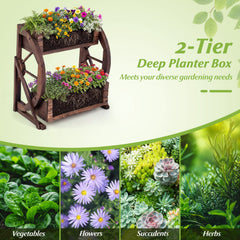 2-tier Raised Garden Bed Rustic Wood Wagon Planter