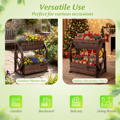2-tier Raised Garden Bed Rustic Wood Wagon Planter