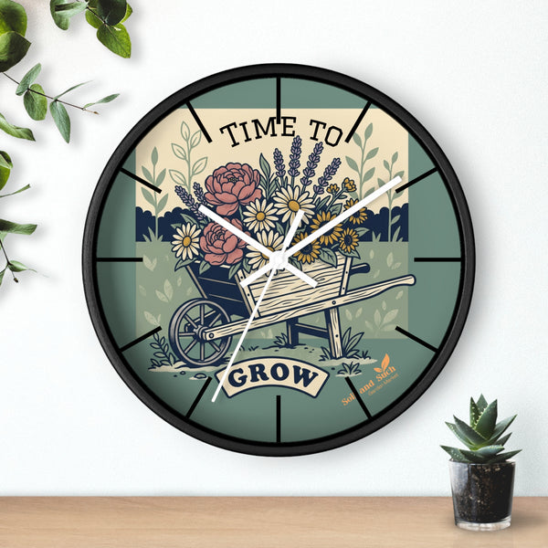 Time to Grow Wall Clock — Floral Wheelbarrow Garden Decor